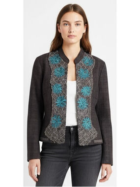 Dries Van Noten Plaid Jacket Blue Floral Lace Applique Silk Cotton Belgium 42